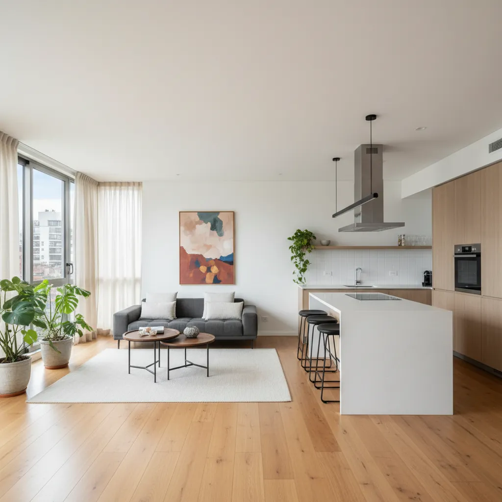 Modern open plan living room with grey sofa white kitchen island wooden floor and light