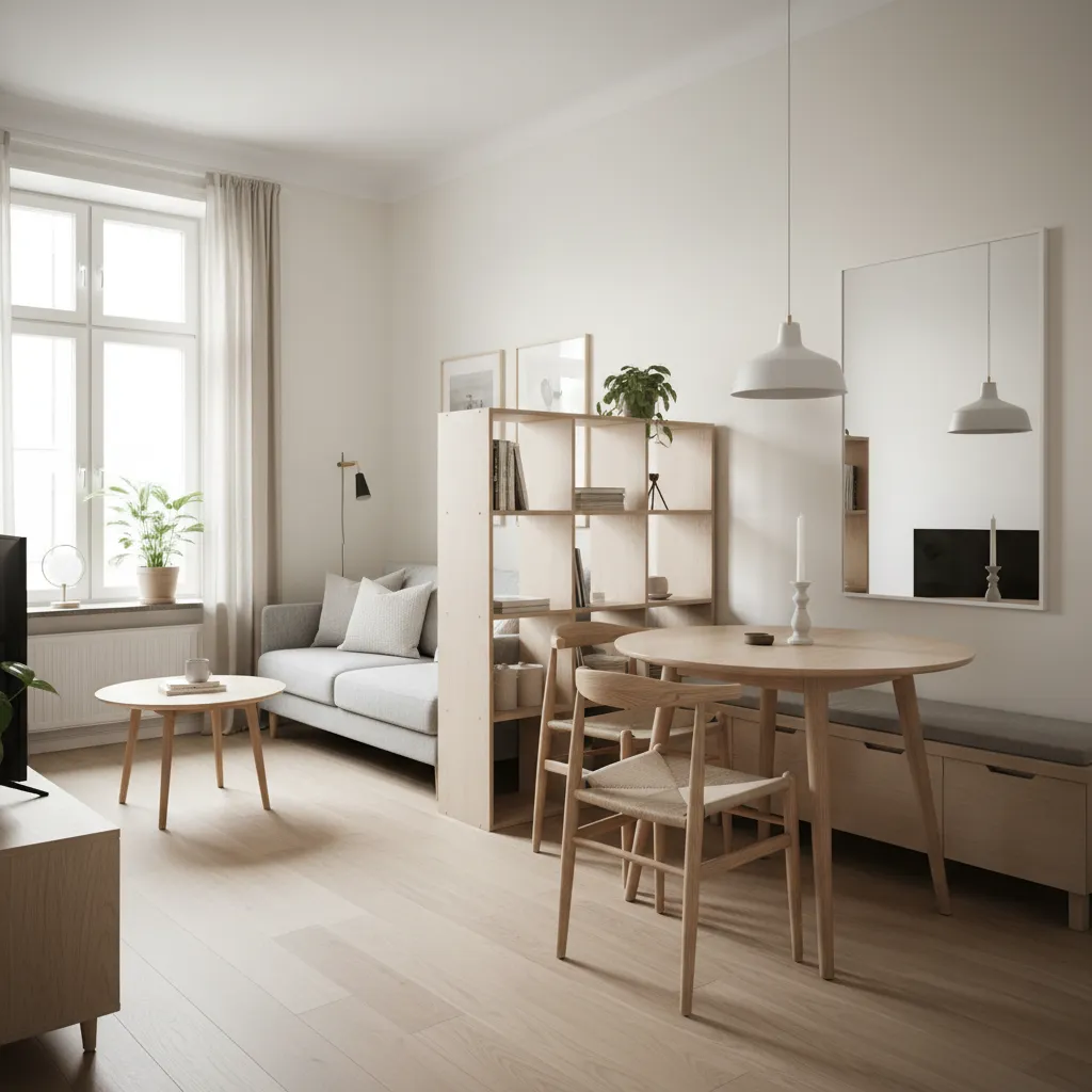 Minimalist small apartment with grey sofa wooden dining table chairs and tall open shelving divider