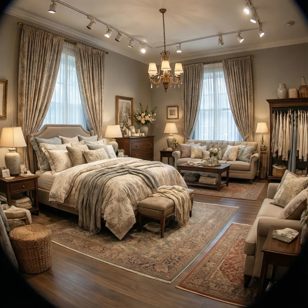 Department store home decor display showing coordinated bedroom and living decor sets