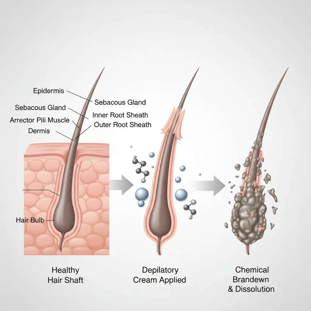 Educational visualization showing how depilatory cream dissolves hair structure
