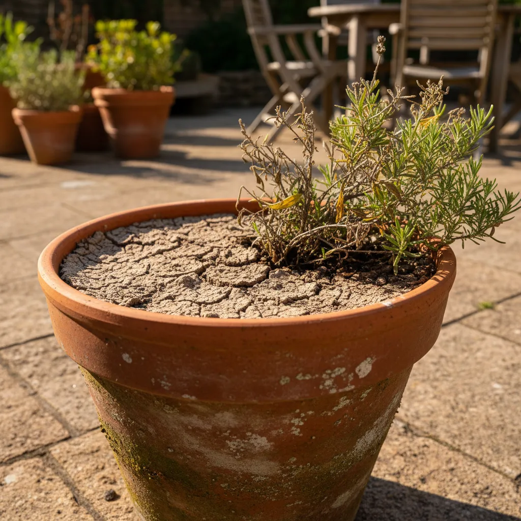 Outdoor potted plant with compacted dry soil surface