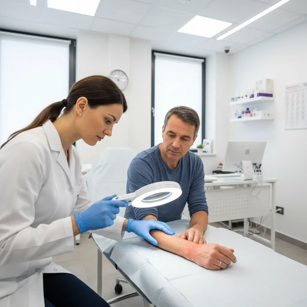 Dermatologist examining irritated skin during consultation
