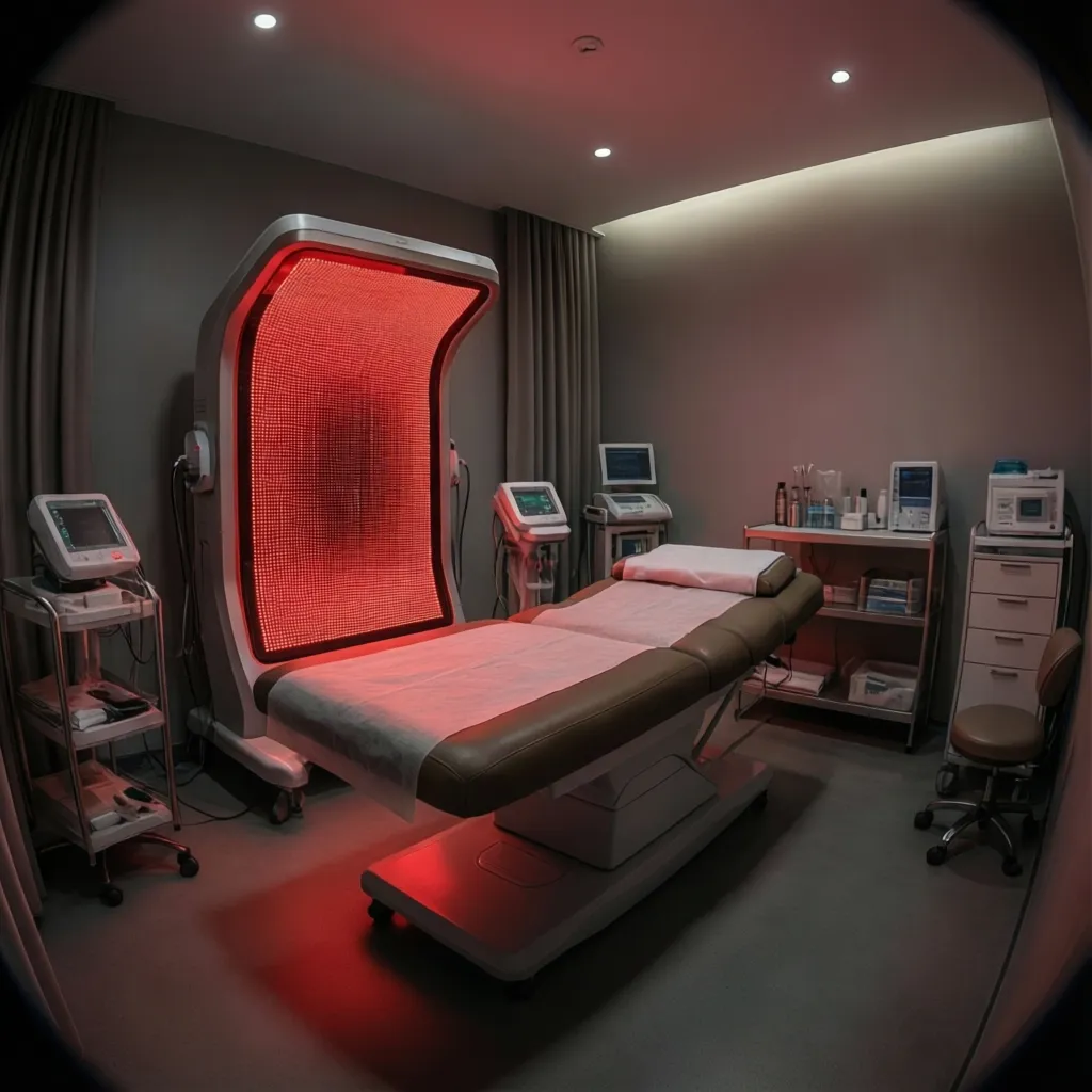 dermatology clinic treatment room with red light therapy panel setup