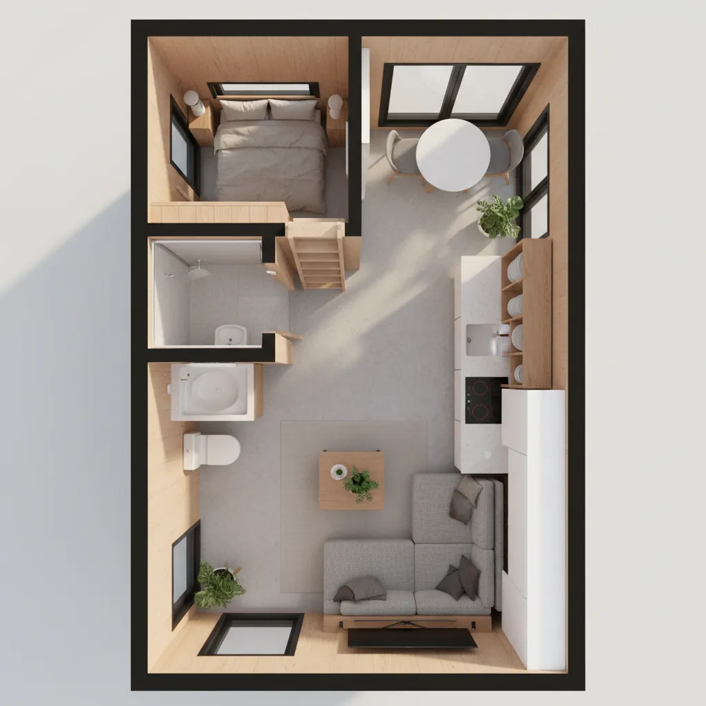 Top down interior design drawing showing small studio apartment with bedroom kitchen bathroom and sofa