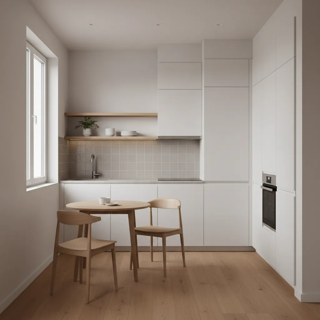 White minimalist kitchen with wooden dining table two chairs wood flooring and a side window