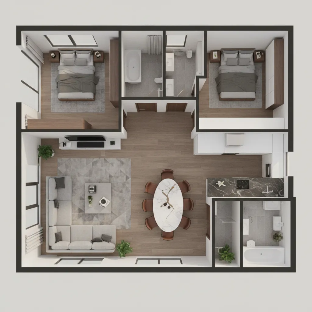 Top view of modern house room layout with two bedrooms, bathrooms, sofa, and dining table