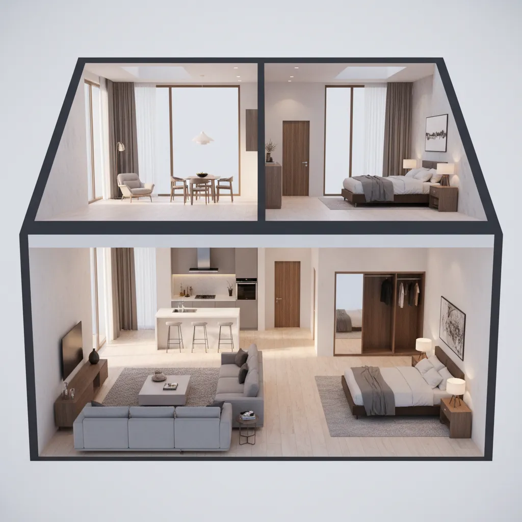 Visualisasi 3D denah rumah dengan furnitur