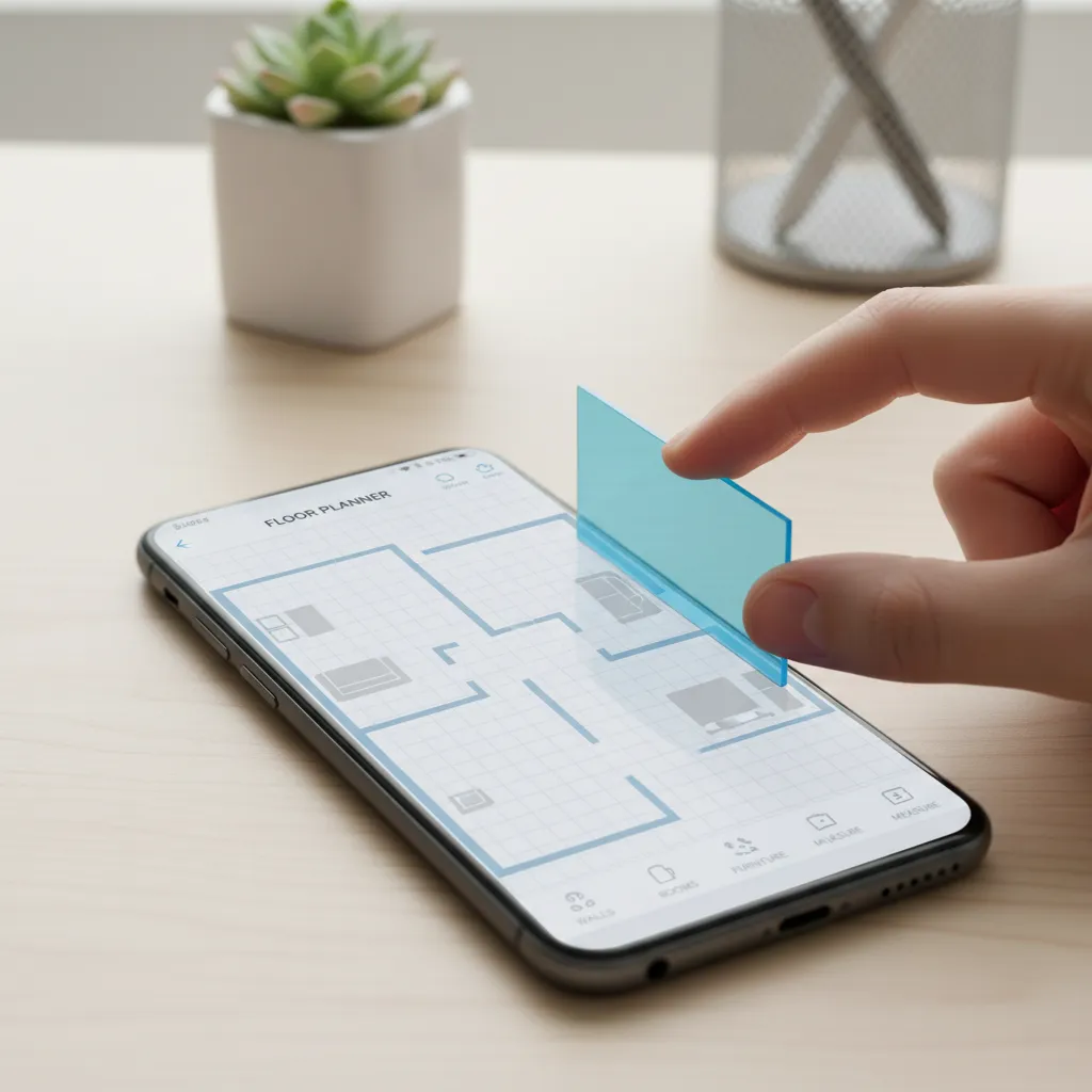 Hand using Coohom app adding wall element to floor plan on a wooden office desk