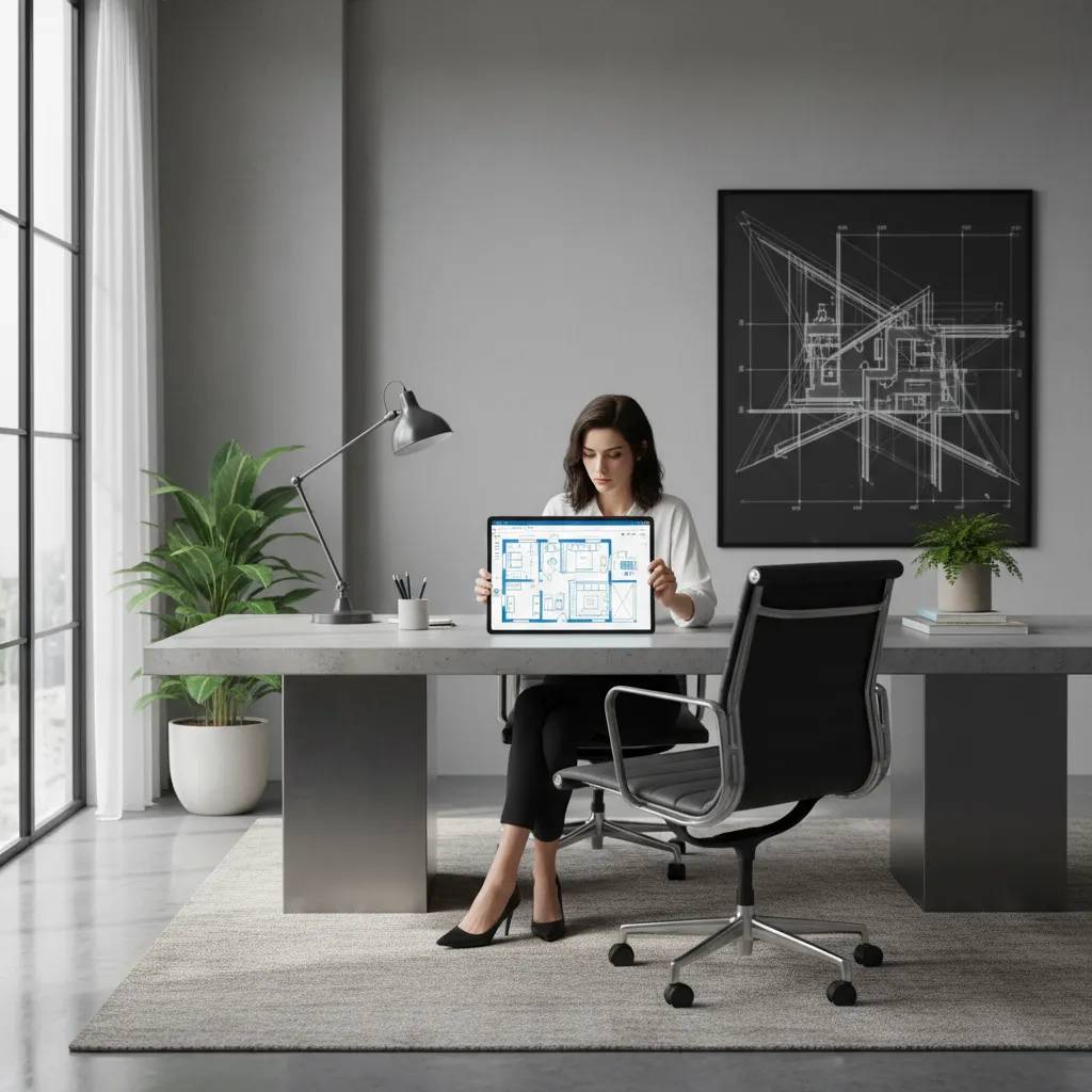 Desainer membuat denah rumah menggunakan tablet