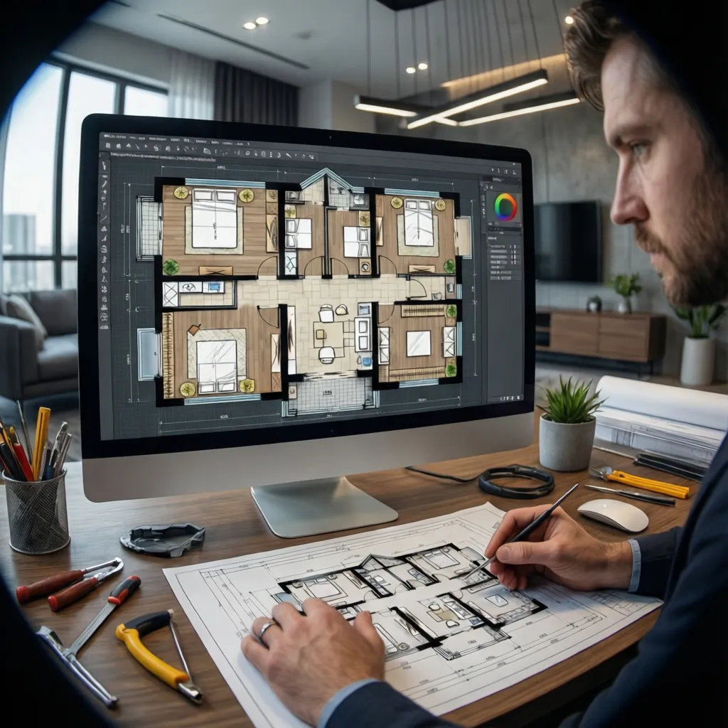 proses membuat denah rumah menggunakan aplikasi desain di komputer