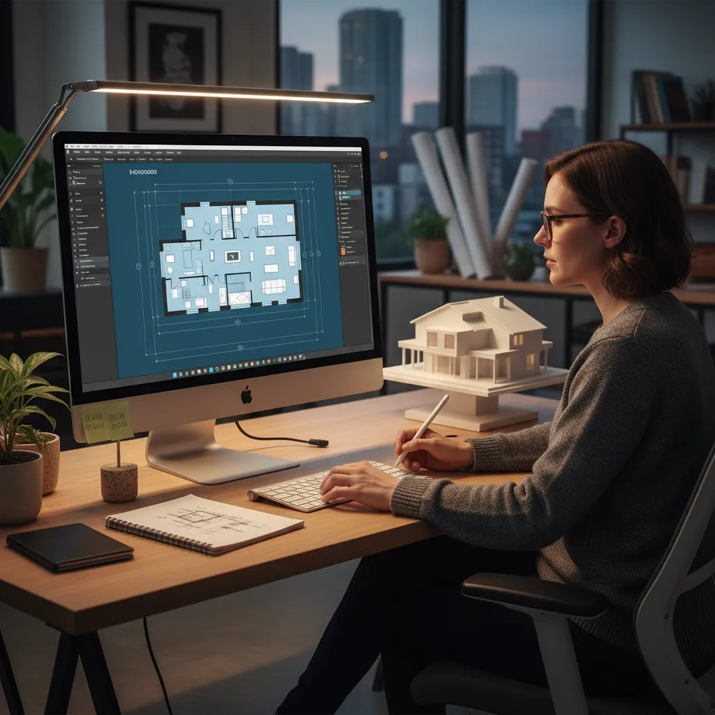 Woman designer using computer to create floor plan next to a white 3D house model