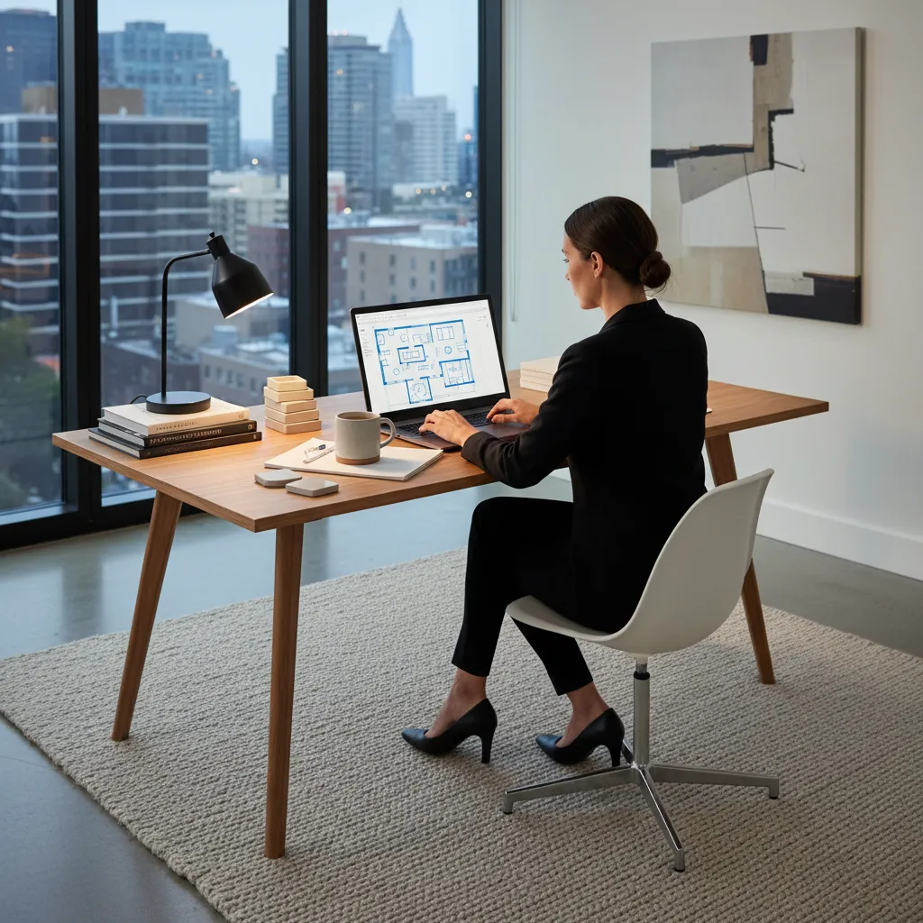 Woman designing floor plan on laptop at wooden desk near window overlooking a large city