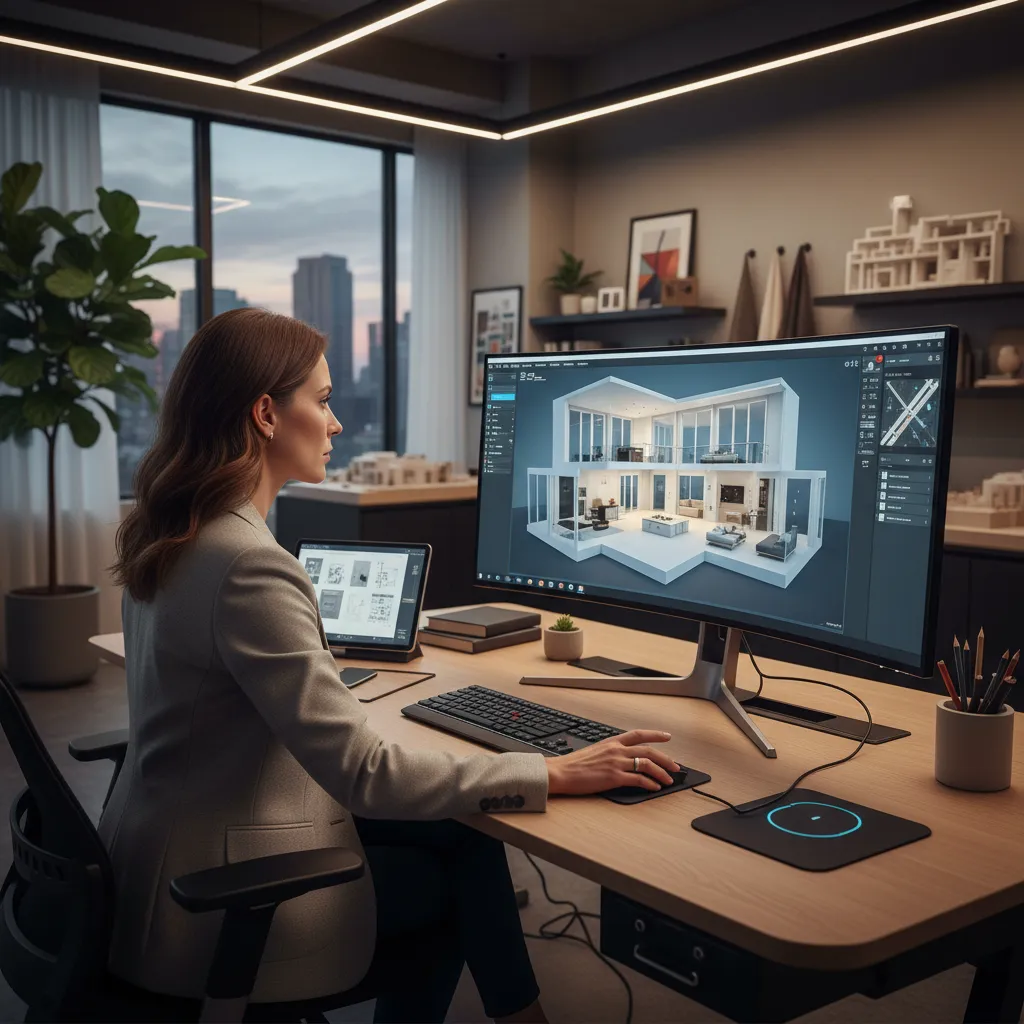 Woman working on a large monitor showing a detailed 3D interior design drawing of house