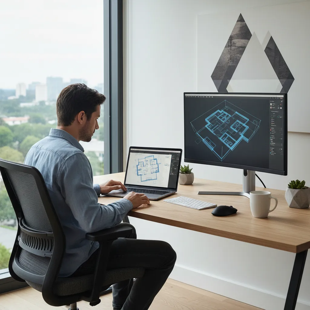 Man sitting at a desk using laptop and monitor to create an interior design drawing