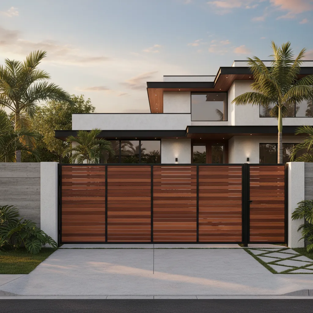 Modern white house with a brown wood horizontal slat gate and tall green palm trees