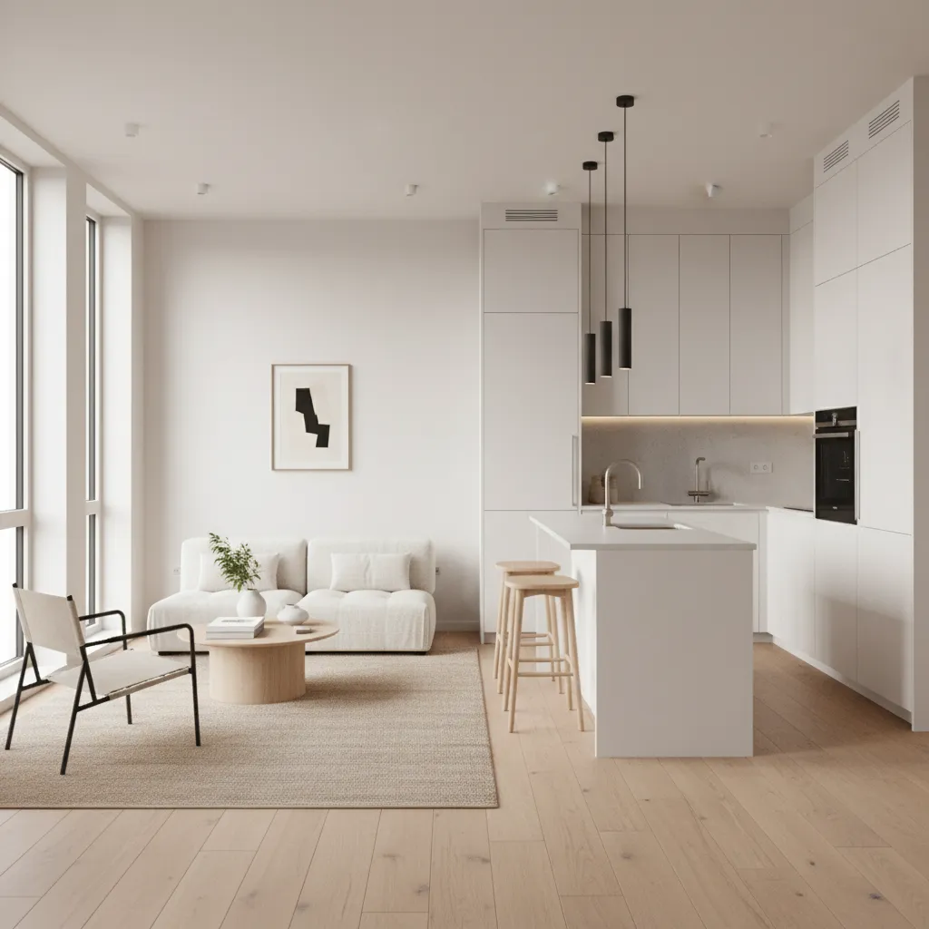 Interior rumah kecil dengan ruang tamu dan dapur terbuka