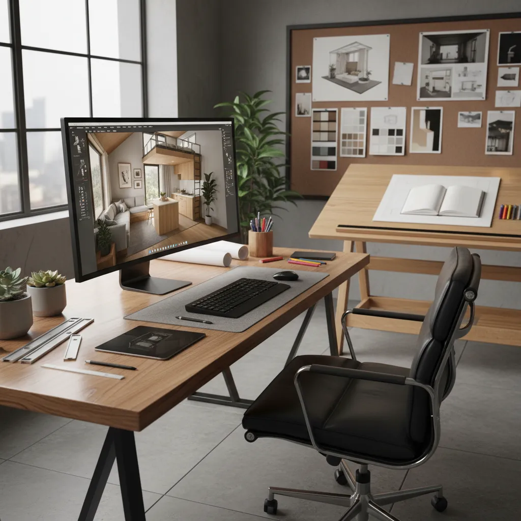 Workstation with monitor showing interior design drawing wooden desk black chair and wall mounted board