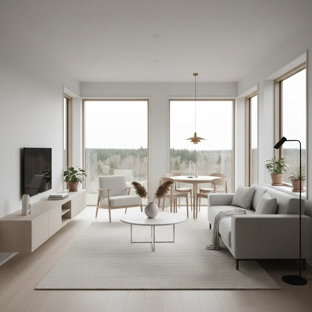Interior rumah kecil modern dengan pencahayaan alami
