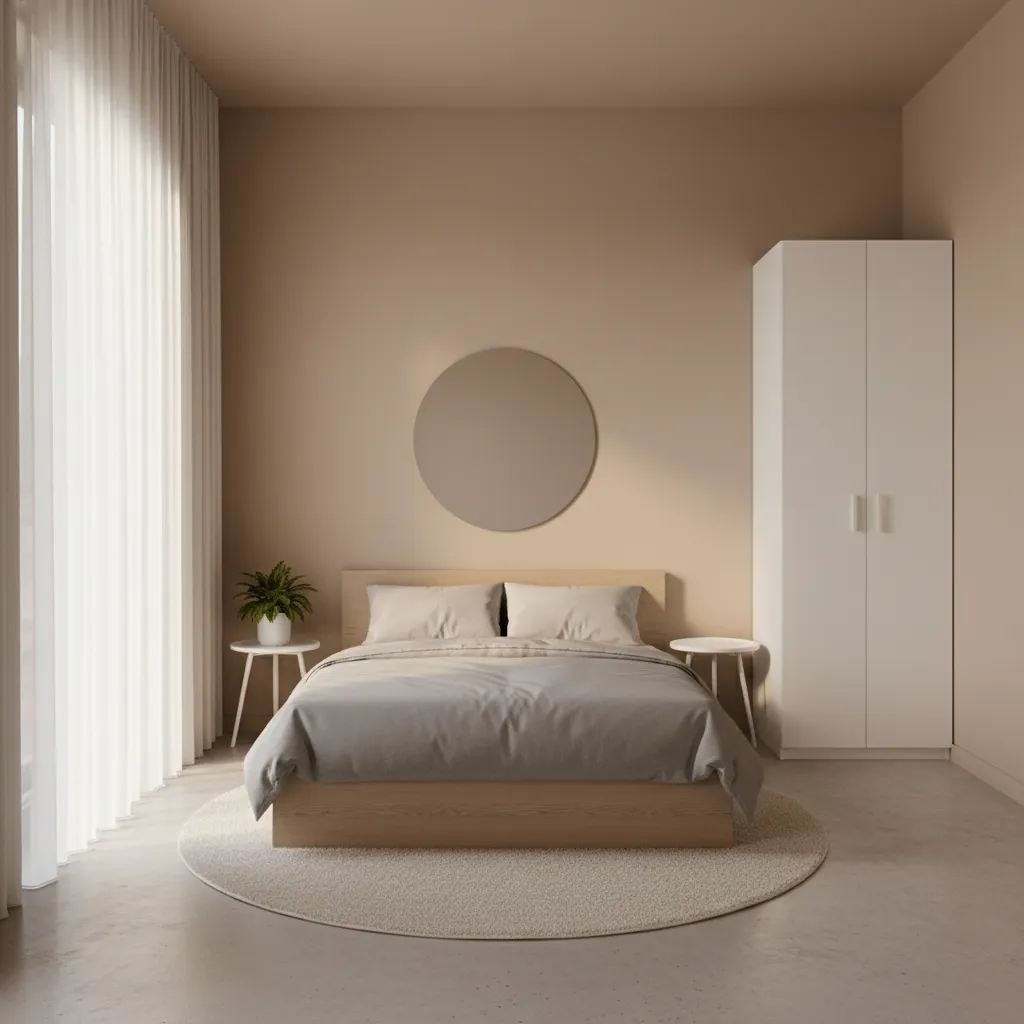 Minimalist bedroom interior design drawing with wooden bed, white wardrobe, round mirror and house plant