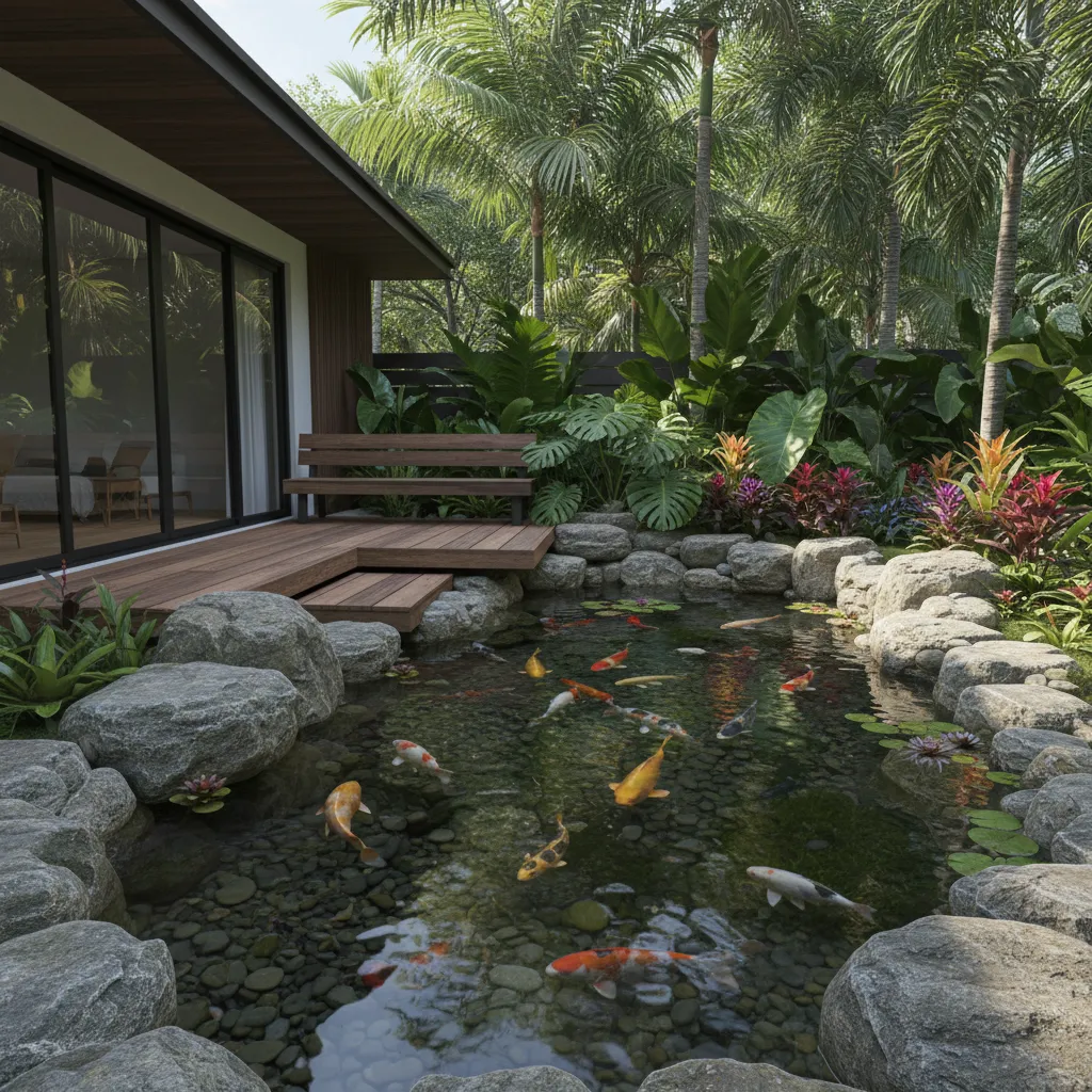 Desain kolam ikan belakang rumah yang nyaman alami