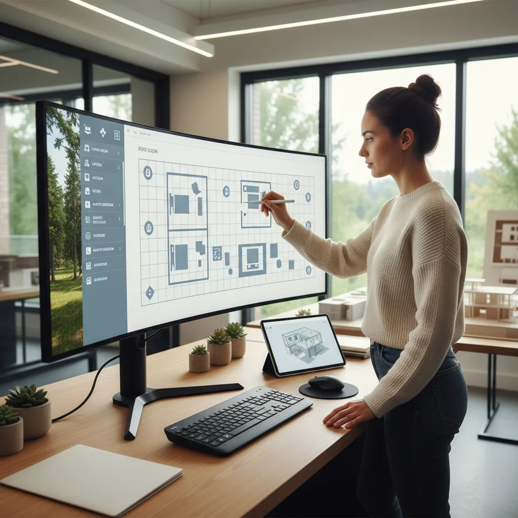 Woman using a digital pen to edit a room layout on a large computer screen