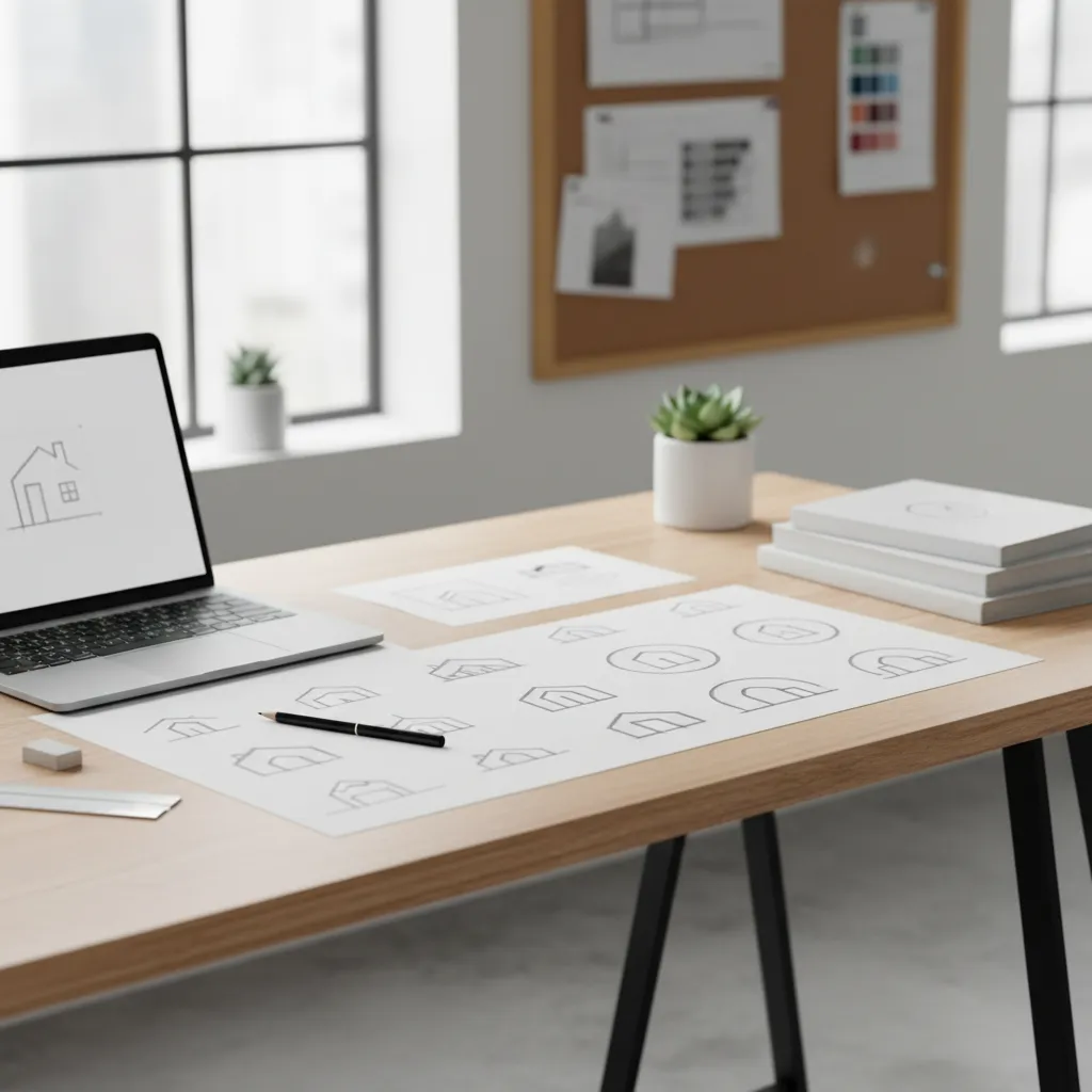 Wooden desk featuring laptop and house sketches on paper with a pencil and small plants