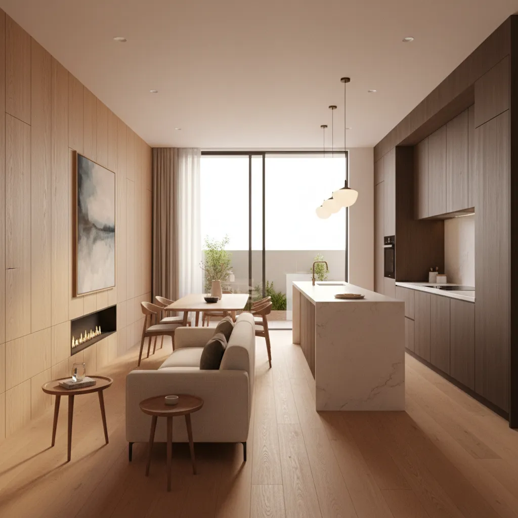 Modern narrow living room with wood wall panels white sofa kitchen island and ceiling lights