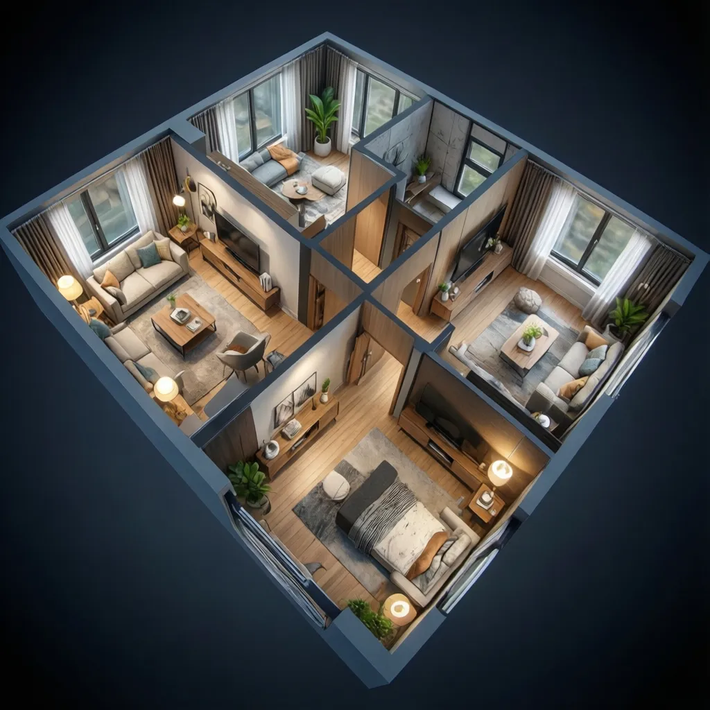 Isometric interior design drawing showing bedroom living room kitchen and bathroom with warm light fixtures