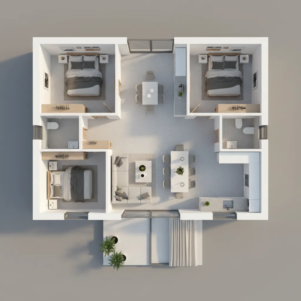Three dimensional interior design drawing of house with three bedrooms dining kitchen and living room