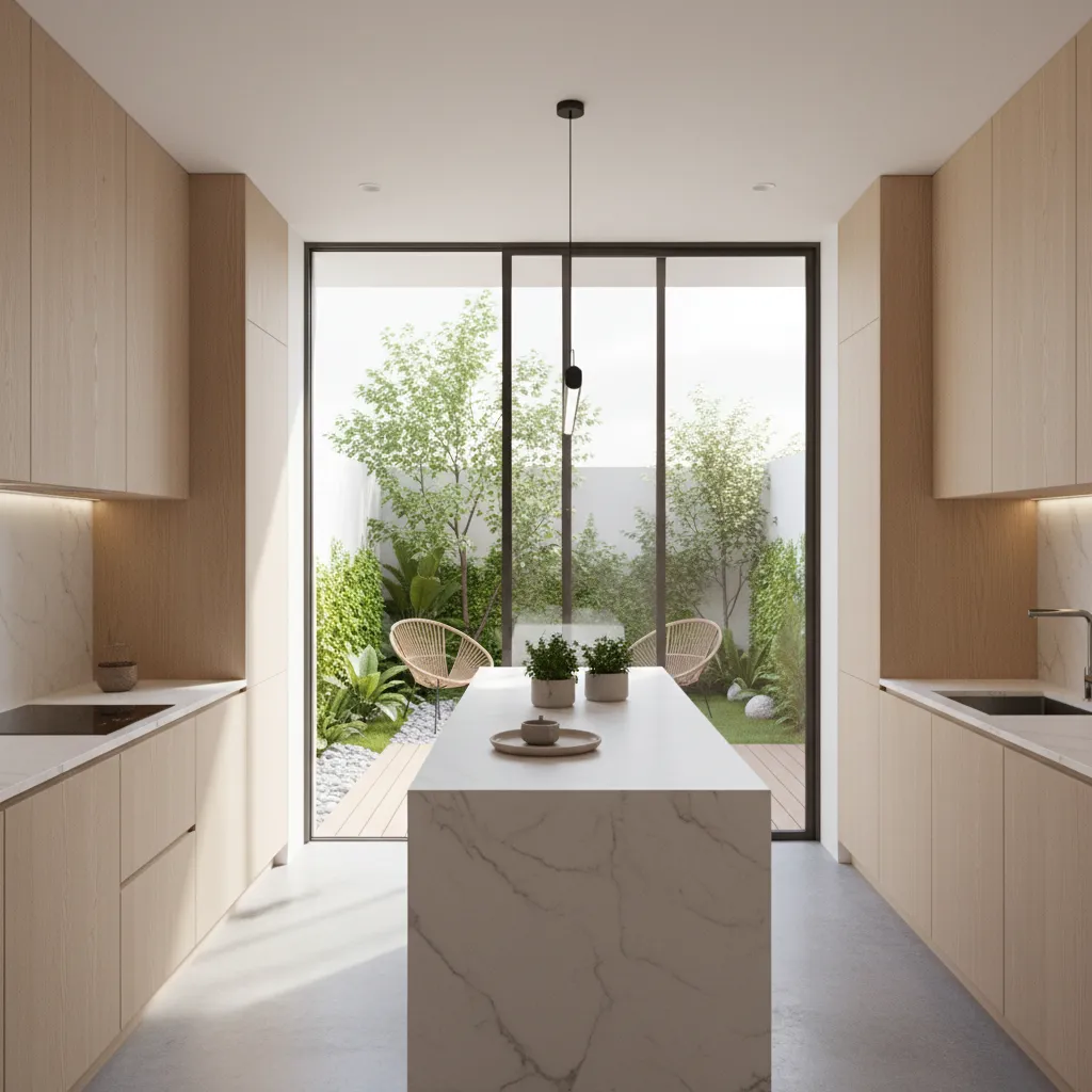 Modern kitchen with wood cabinets marble island and glass doors looking into a green garden