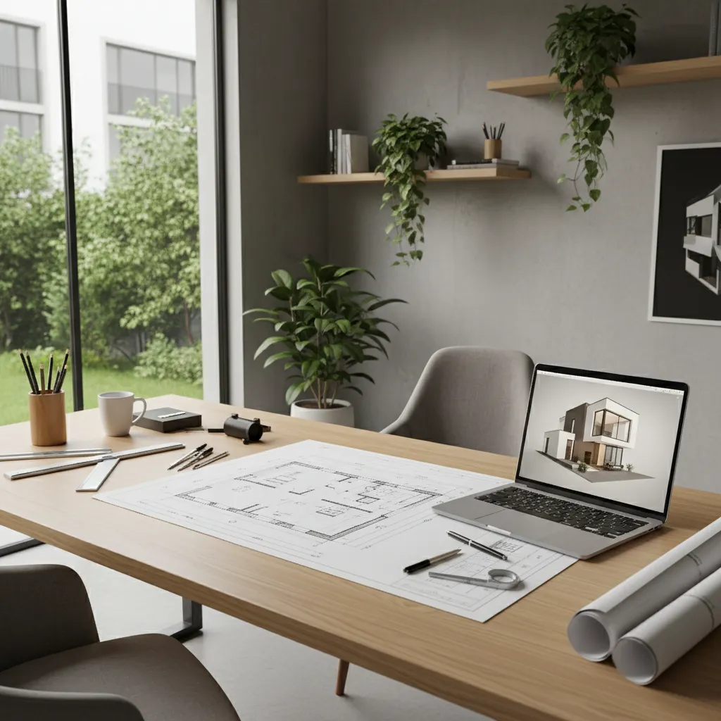 Wooden desk with interior design drawing and a laptop showing a modern home 3D model