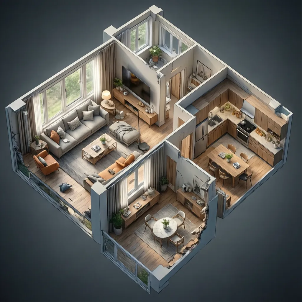 Simulasi desain interior rumah kecil dengan tata ruang efisien