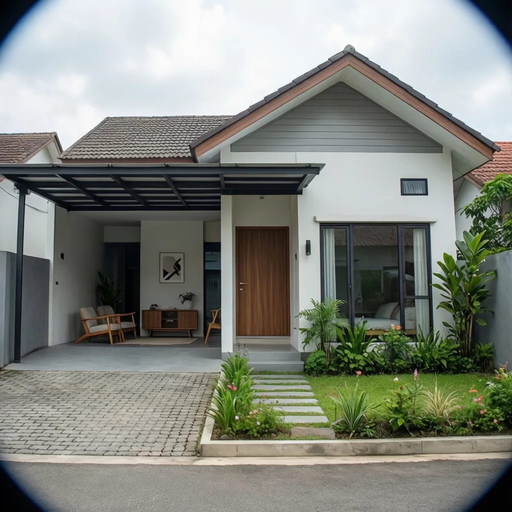 Modern white house exterior featuring a wooden door dark roof garden and a covered parking