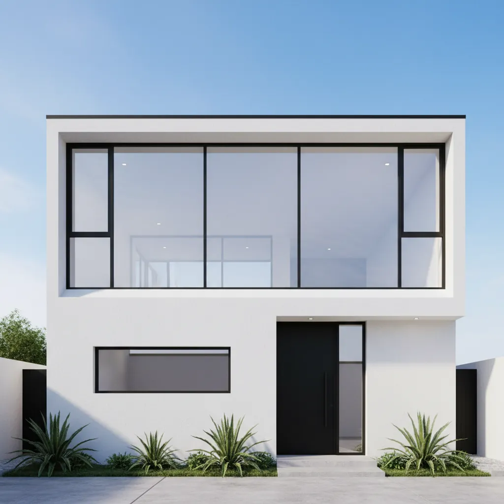 Rumah minimalis dengan jendela besar pada tampak depan