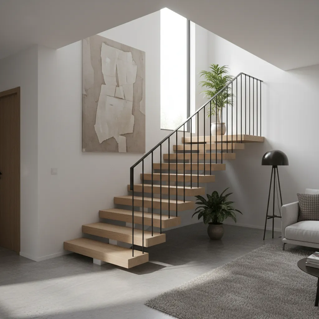 Modern wooden stairs with black metal railing next to a large painting and green plants