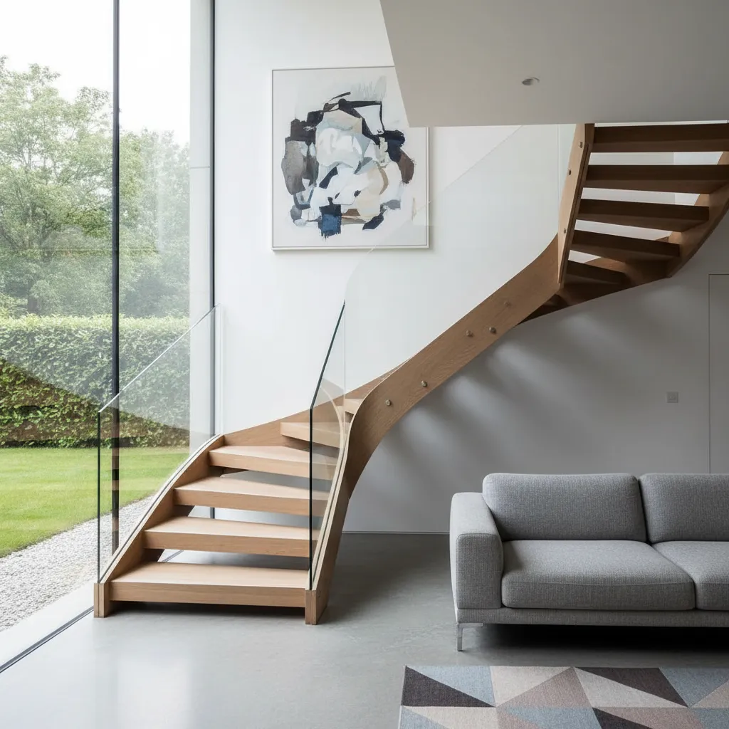 Modern living room with wooden curved stairs, glass railing, grey sofa, and large garden windows