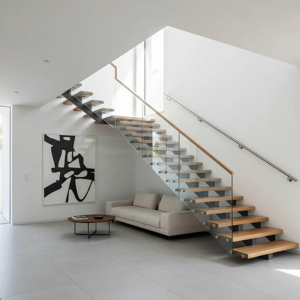 Modern interior featuring wooden stairs, glass railing, beige sofa, and a round coffee table design