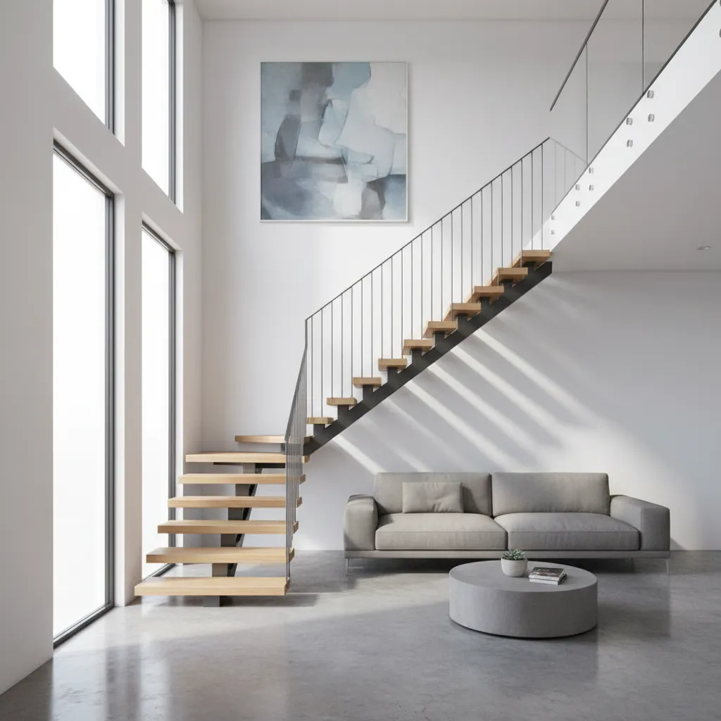 Modern living room featuring wooden stairs gray sofa round coffee table tall windows and artwork