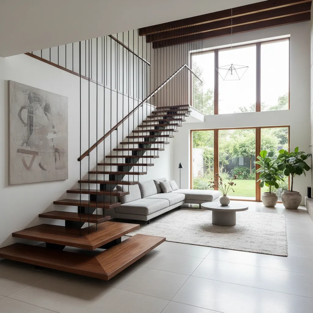 Modern living room with wooden stairs, grey sofa, coffee table, large windows, and green plants