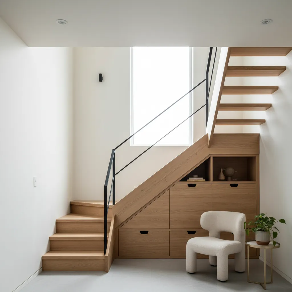 Wooden stairs with storage cabinets underneath white modern chair small side table and bright window