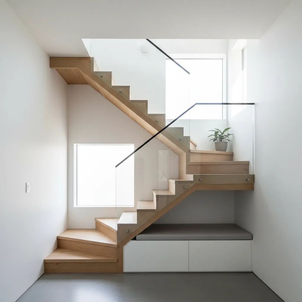 Modern wooden stairs with glass railings white walls square windows and storage bench on floor
