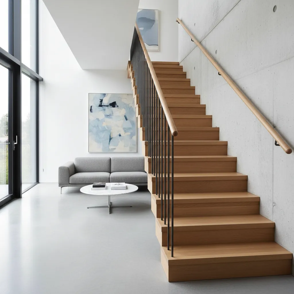 Modern wooden stairs with black railings beside grey sofa marble coffee table and large windows