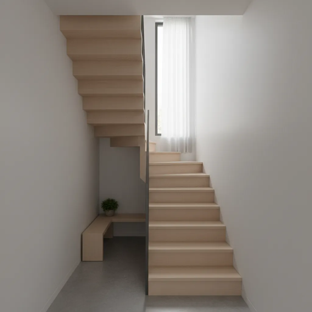 Minimalist wooden staircase in white room with window at top and small green plant underneath