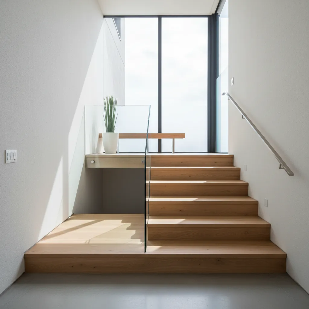 Descanso intermedio en escalera interior con iluminación natural