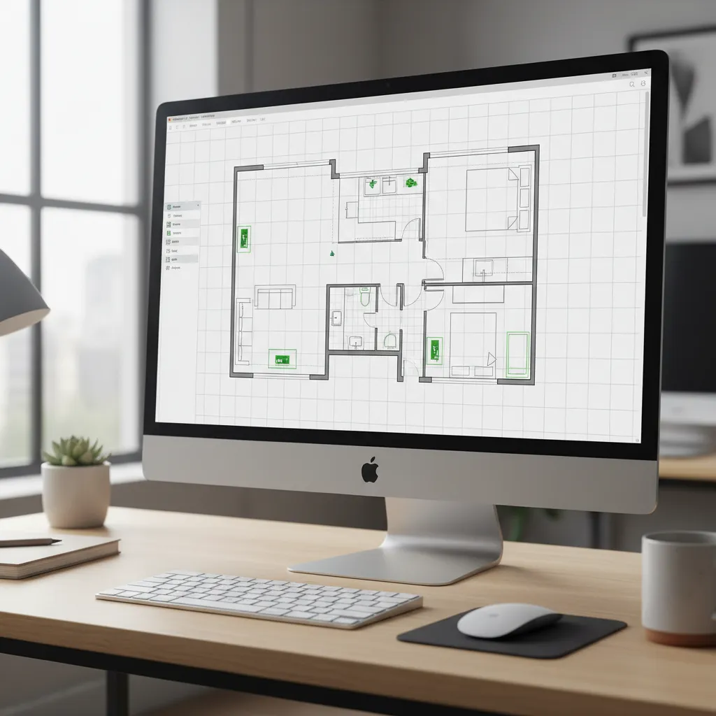 desenho de planta de casa com paredes e divisões sendo criadas em software
