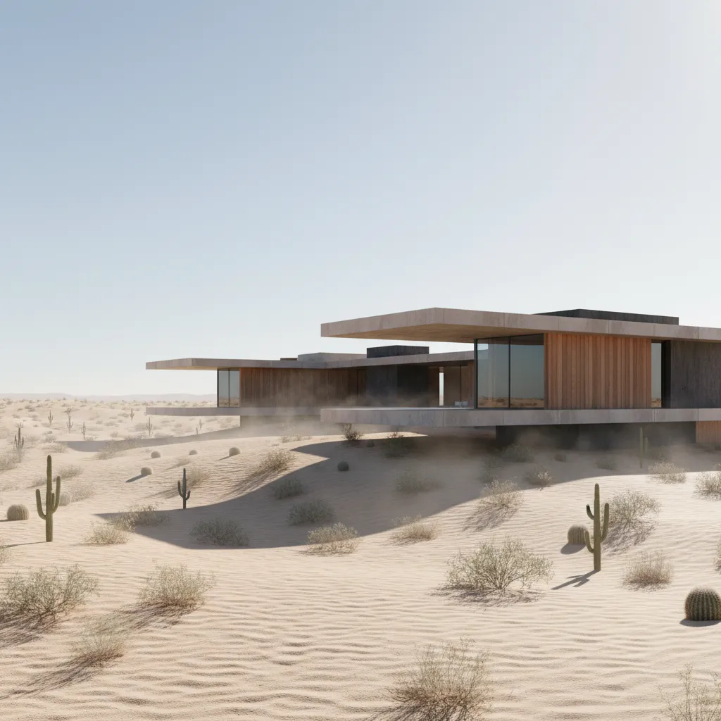 Desert climate house with intense sun showing extreme heat exposure