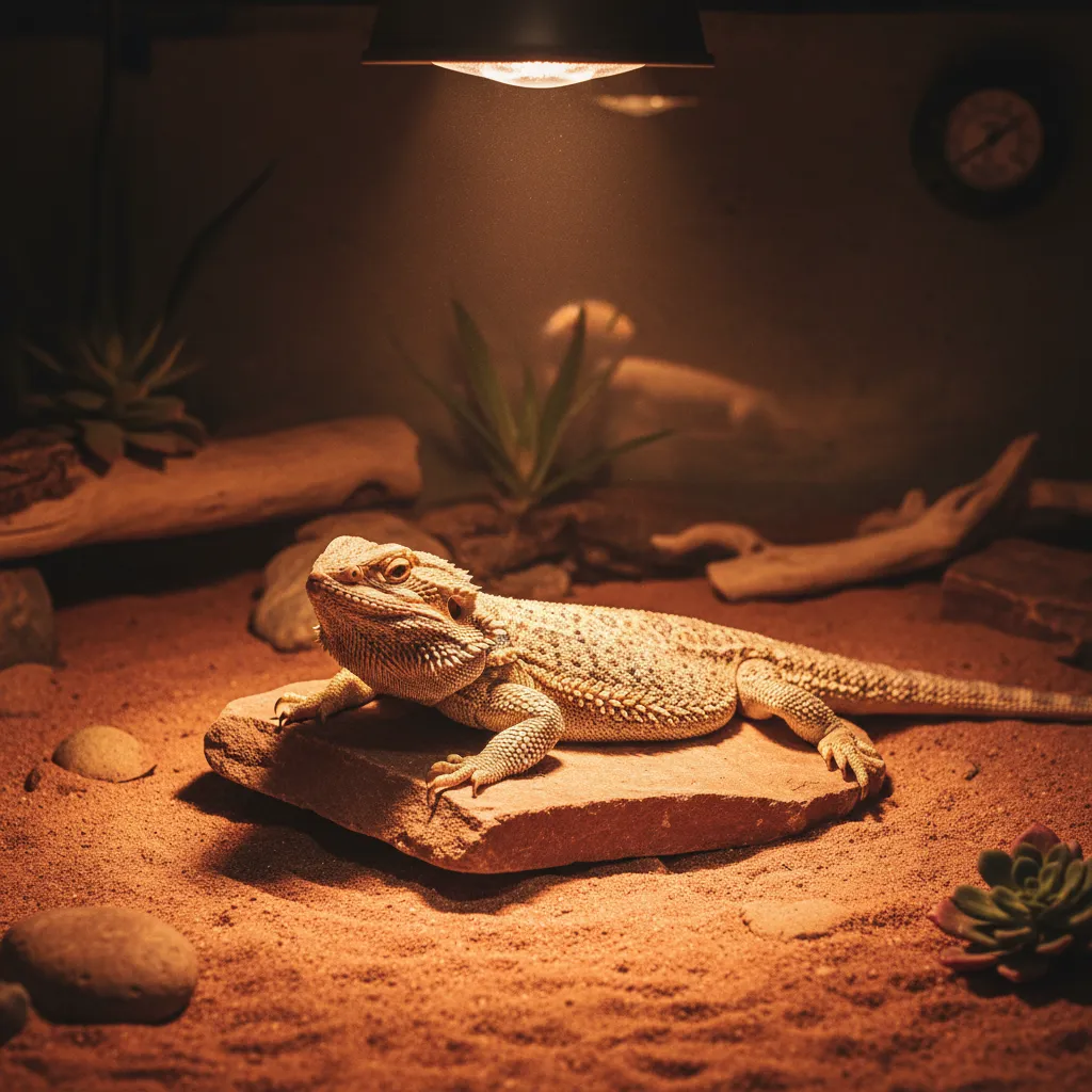 bearded dragon basking under strong UVB lamp in desert terrarium setup