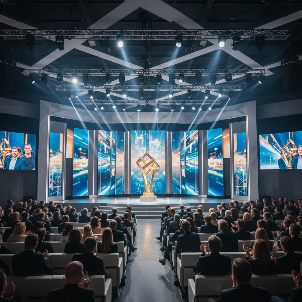 Evento de premios de diseño con diseñadores y escenario moderno