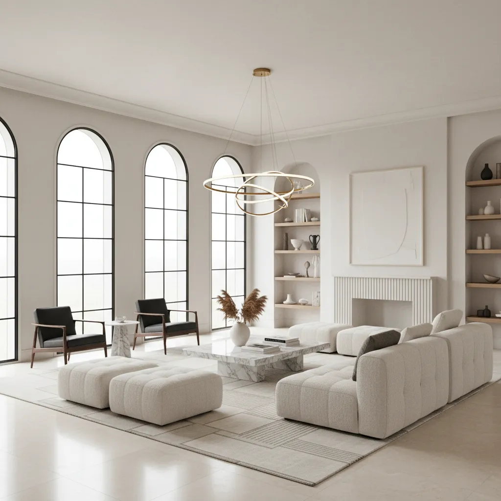 Luxury living room similar to those shown in interior design books with large windows and curated furniture layout