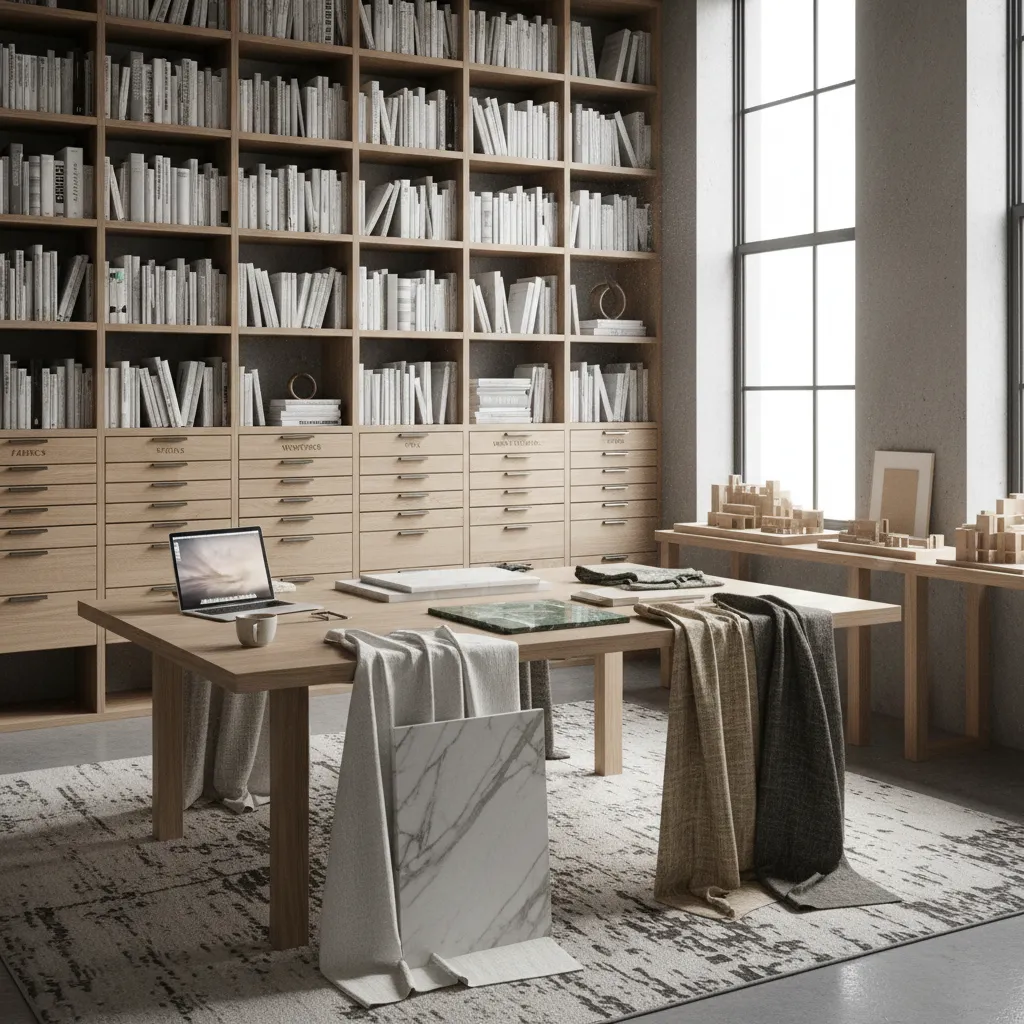 Interior design material library with books and stone and fabric samples